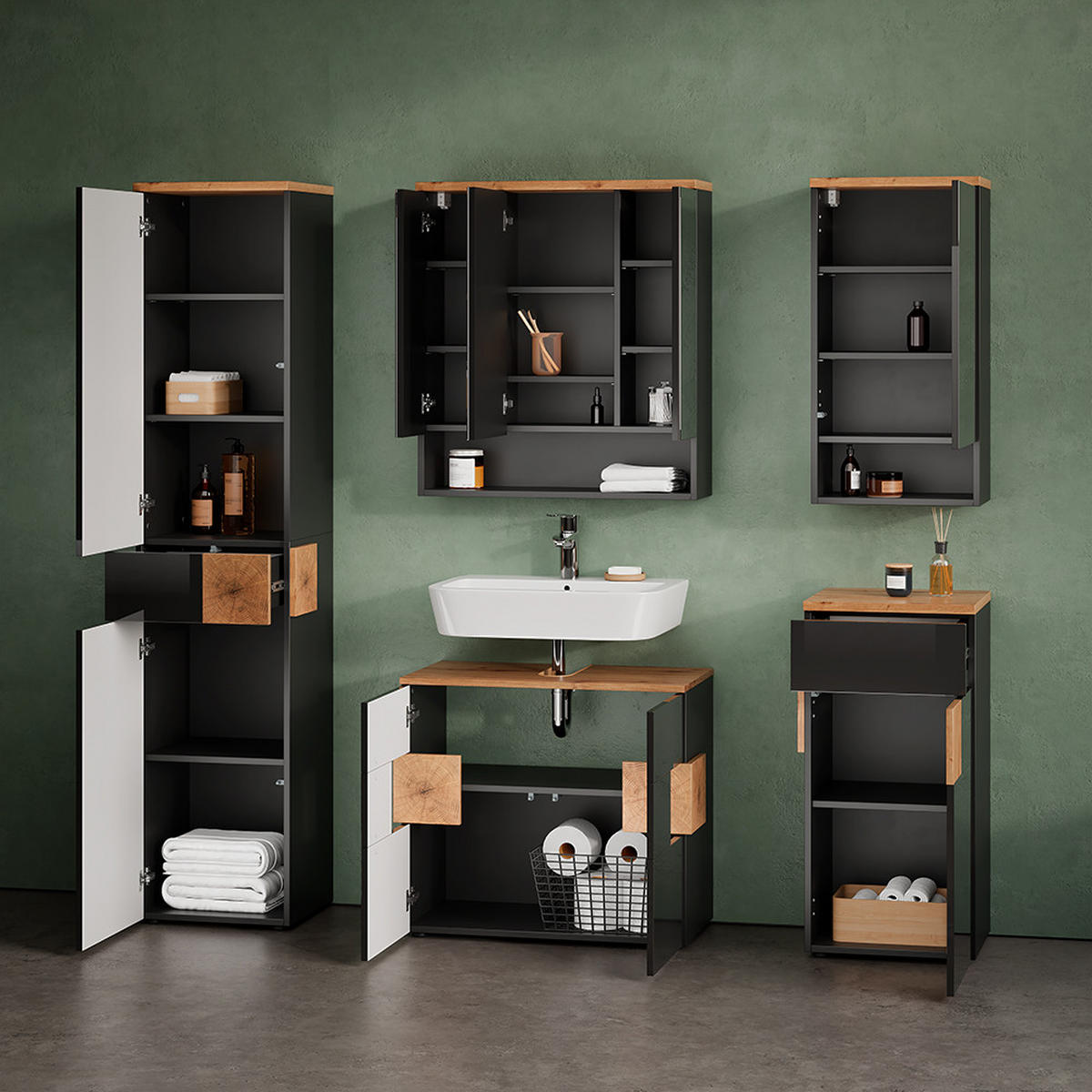 BADMÖBEL-SET Tanaro Anthrazit 5 Teile - Anthrazit/Eiche Artisan, Holzwerkstoff (73/64/37cm) - Livinity®