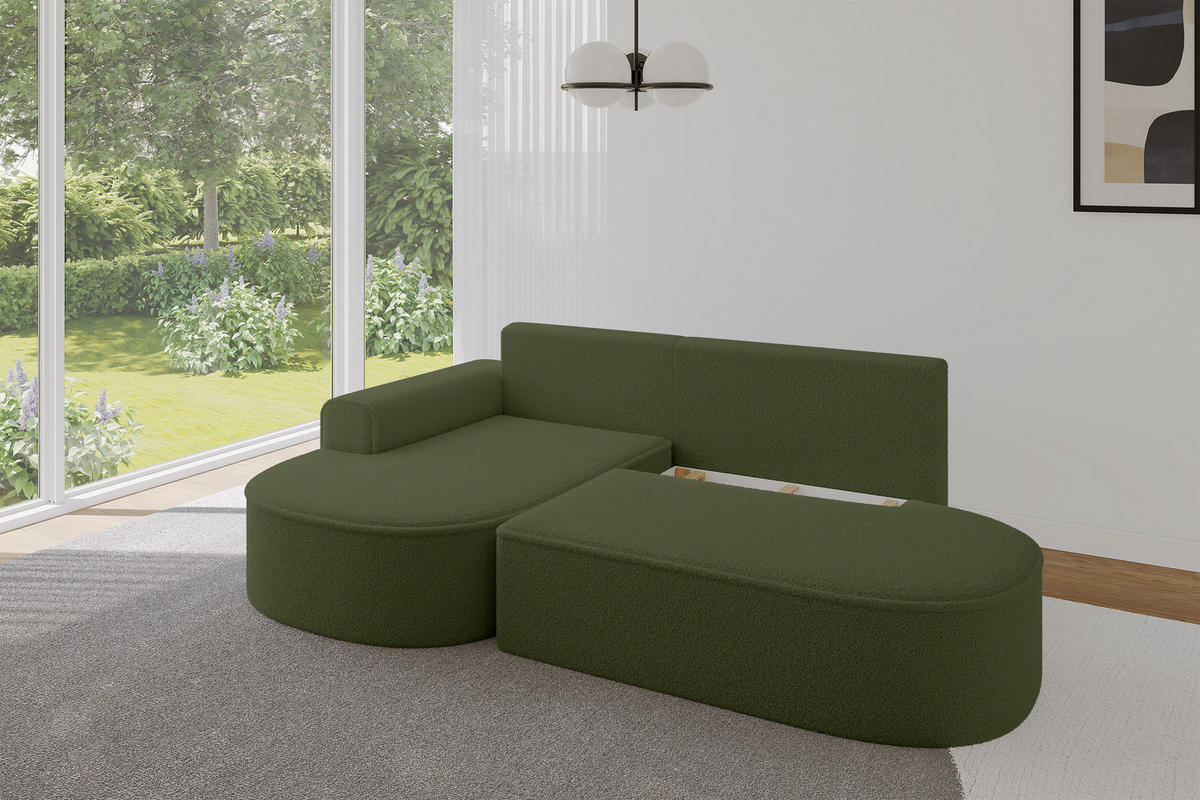 ECKSOFA mit Schlaffunktion und Bettkasten Ottomane Links MARI-L1-S - 283x167x73 cm Grün Bouclé - Schwarz/Grün, Holzwerkstoff/Kunststoff (283/167cm) - ALTDECOR