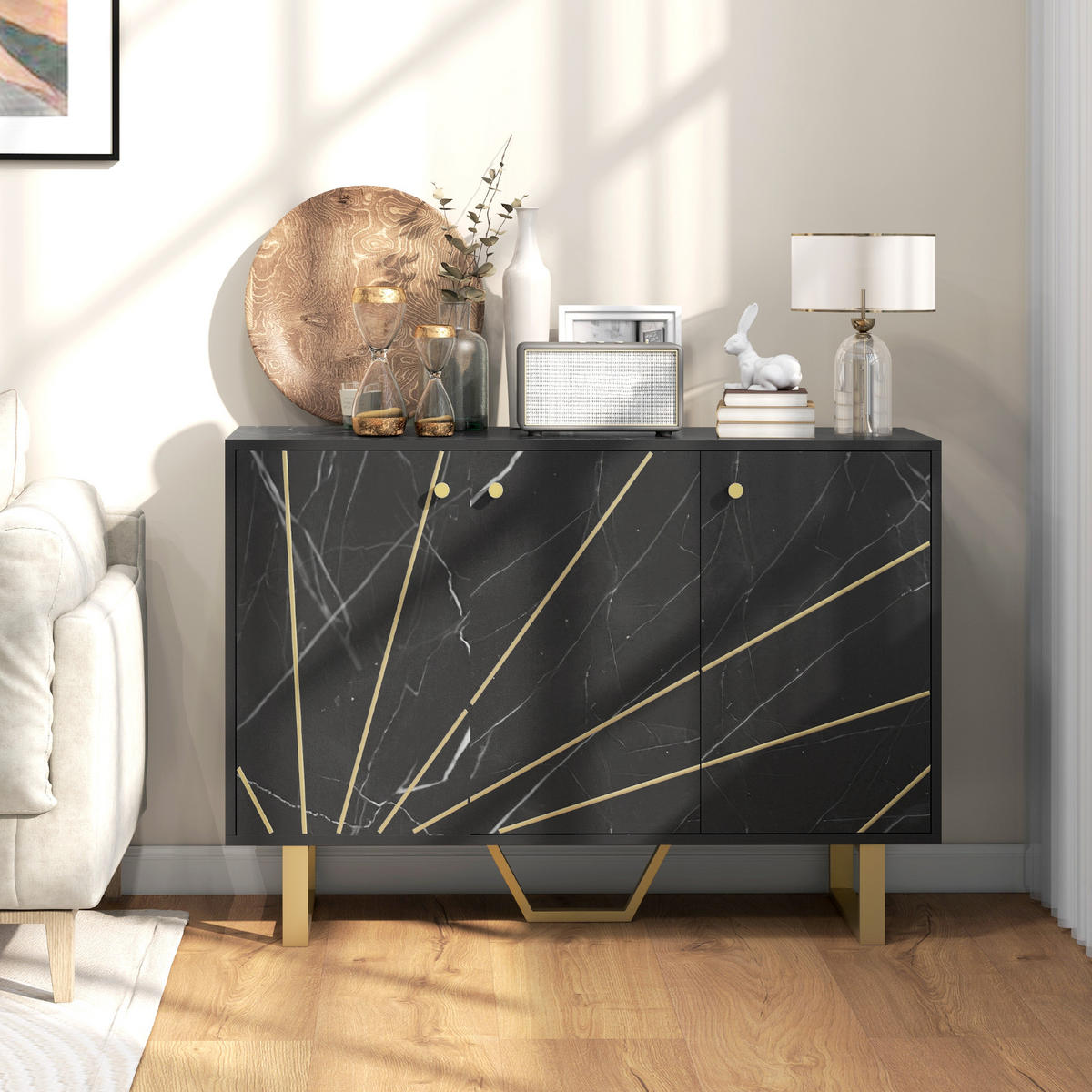 SIDEBOARD DE-11101 2 Schränke, 3 Türen & verstellbare Böden Schwarz - Schwarz, Holzwerkstoff (107/75/35cm) - ComfortXL