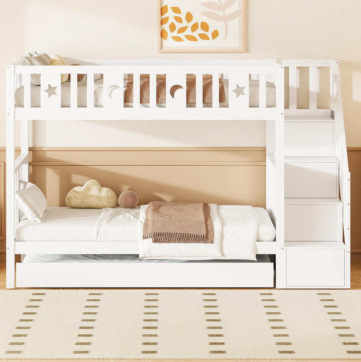 ETAGENBETT 90/200 cm Weiß mit Ausziehbett und Stauraumtreppe - Weiß, Holzwerkstoff (90/200cm) - Flora Grace