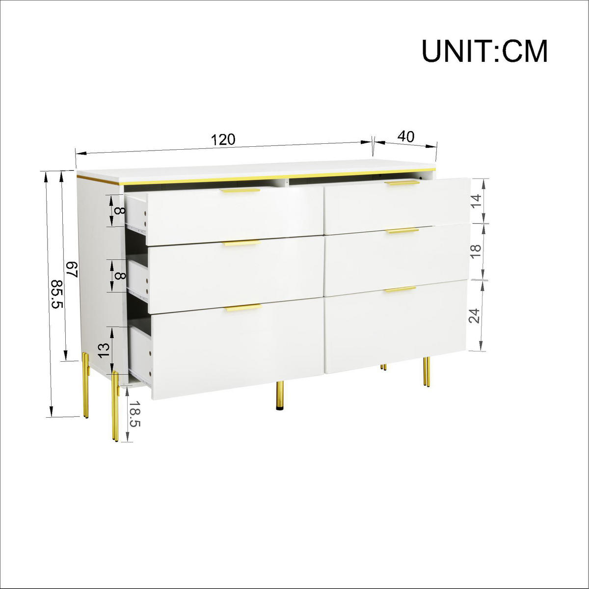SIDEBOARD in Weiß Kommode mit 6 Schubladen, Hochglanz-Fronten und großem Stauraum für Wohnzimmer, B120/T40/H85.5cm - Goldfarben/Weiß, Holzwerkstoff/Metall (120/85.5/40cm) - STILVORA