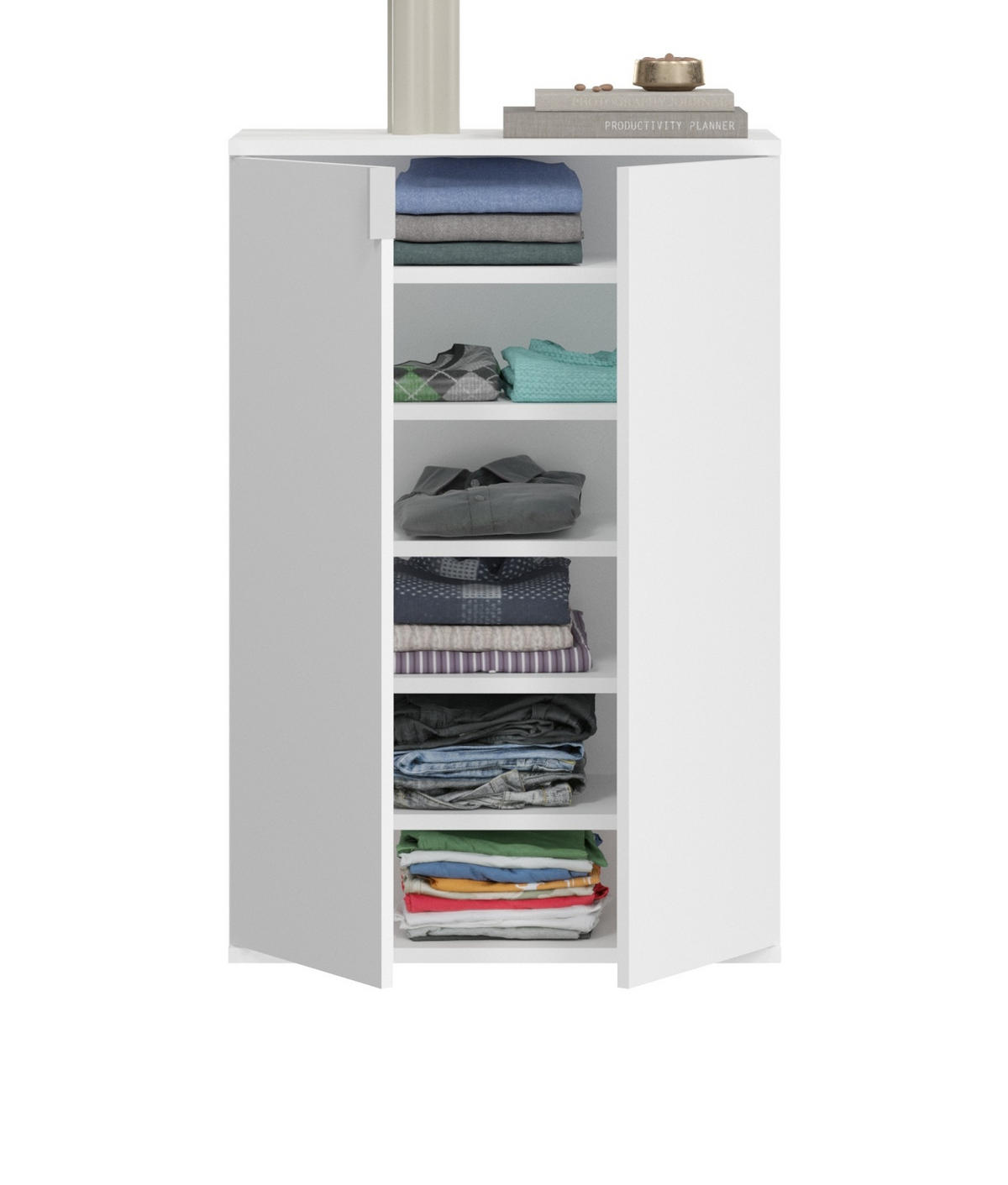 KOMMODE weiß Hochglanz 61 cm 2-türig, Mehrzweckschrank mit 6 Fächern, Garderobenmöbel - Weiß Hochglanz/Silberfarben, Holzwerkstoff/Kunststoff (61/99/34cm) - Inn.Furn