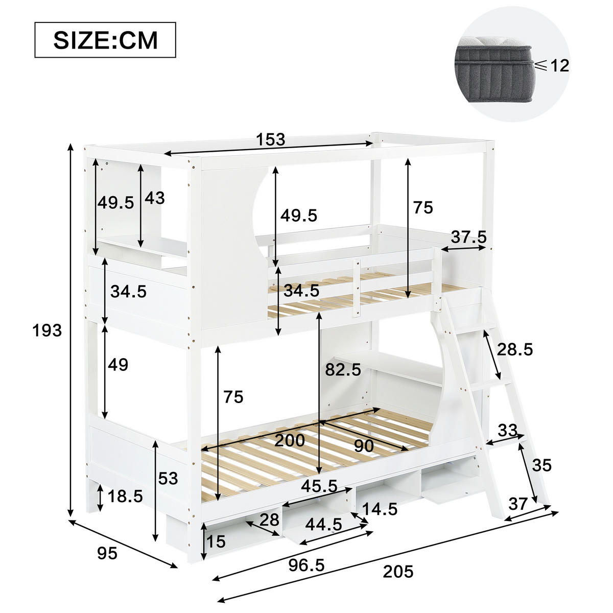 ETAGENBETT 90/200 cm Weiß mit Tisch und Schuhschrank aus Kiefer und MDF - Weiß, Holzwerkstoff (90/200cm) - OKWISH