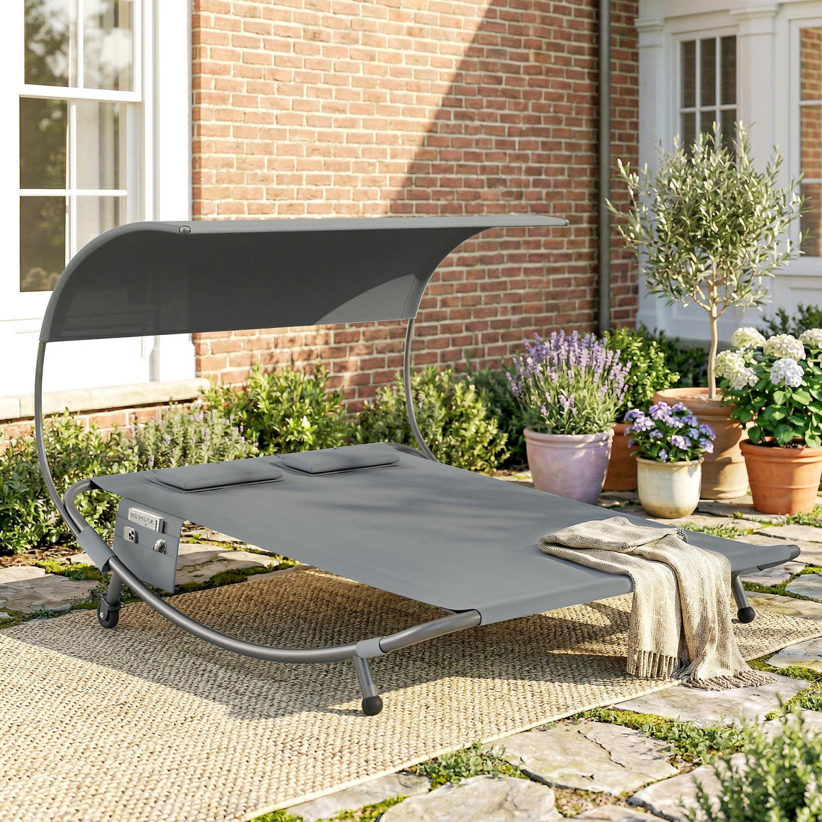 SONNENLIEGE Doppelbett mit abnehmbarem Verdeck Rollen Kissen und Aufbewahrungstaschen,200*180*170cm,Grau - Grau, Metall (180/170/200cm) - Vallsero