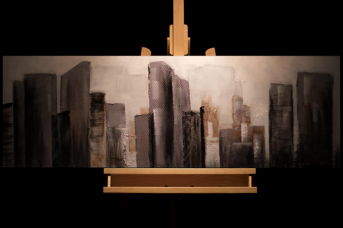 RUČNE MAĽOVANÝ AKRYLOVÝ OBRAZ 120/40 cm, sivý, krajinný motív - sivá, drevo/textil (120/40cm) - KUNSTLOFT