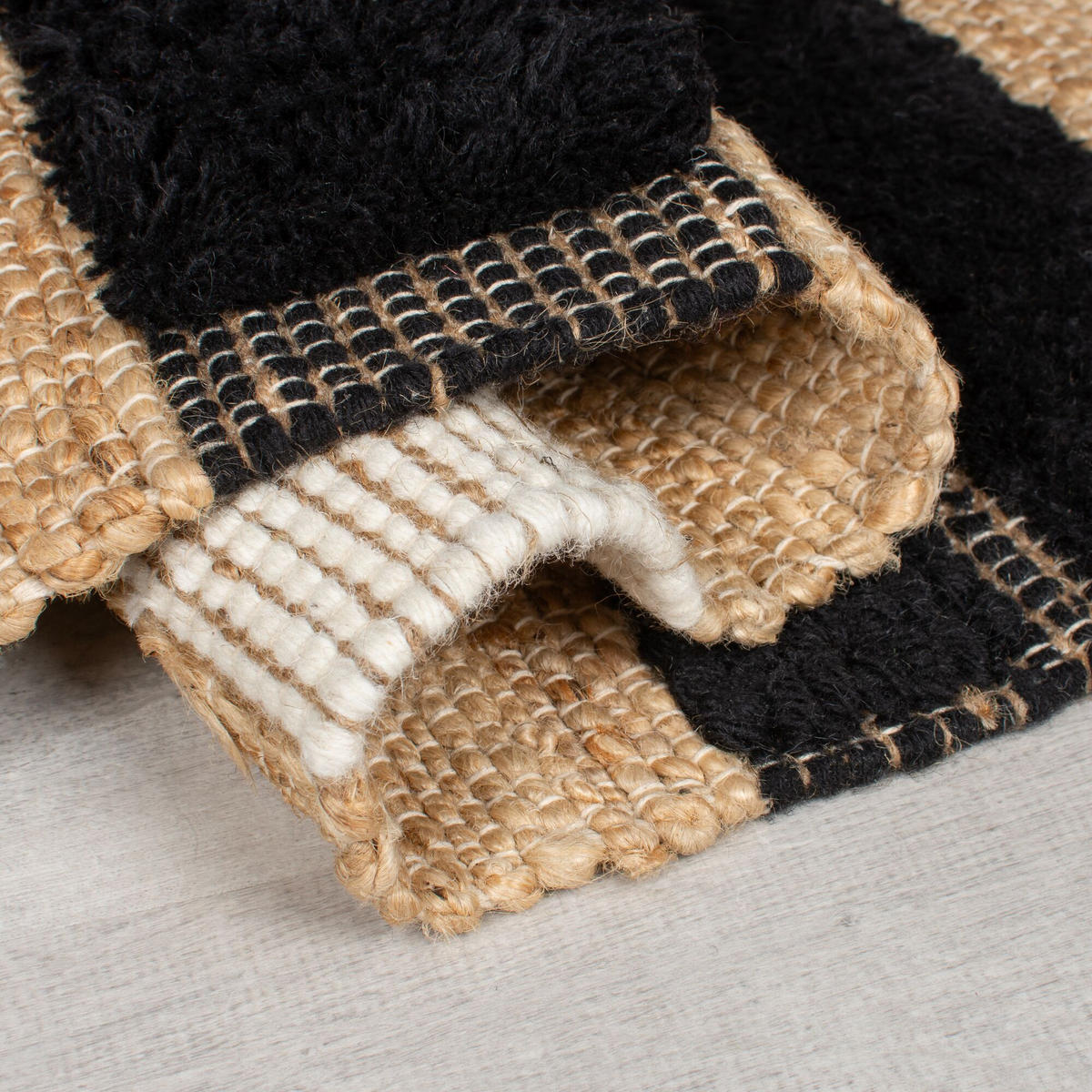 TEPPICH Hoch-Tief Struktur Gestreift, Patchwork-Optik, mit Fransen wendbar, Esszimmer schmutzabweisend Natur-Schwarz Läufer 60x230 - Beige, Textil (60/230cm) - KADIMA DESIGN