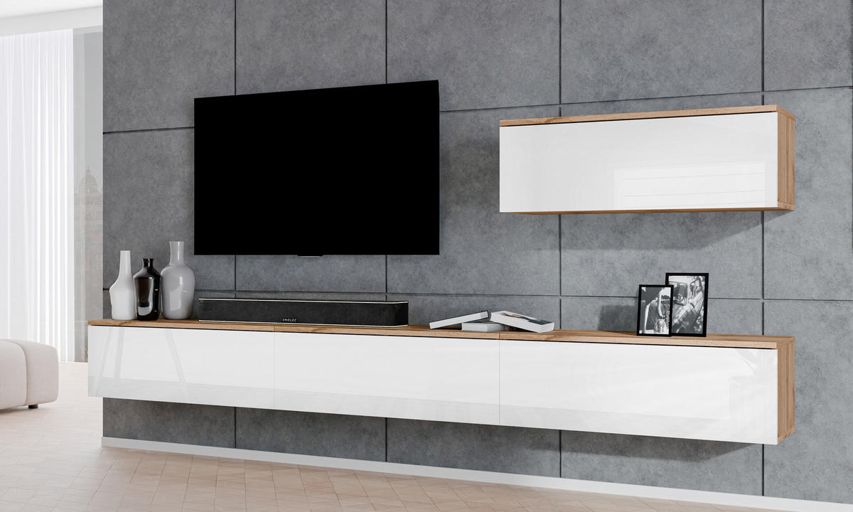 WOHNWAND Loriano IV Eiche, Wotan, Weiß Hochglanz 300/68/32 cm Anbauwand - Braun/Weiß, Holzwerkstoff/Kunststoff (300/68/32cm) - AX Living