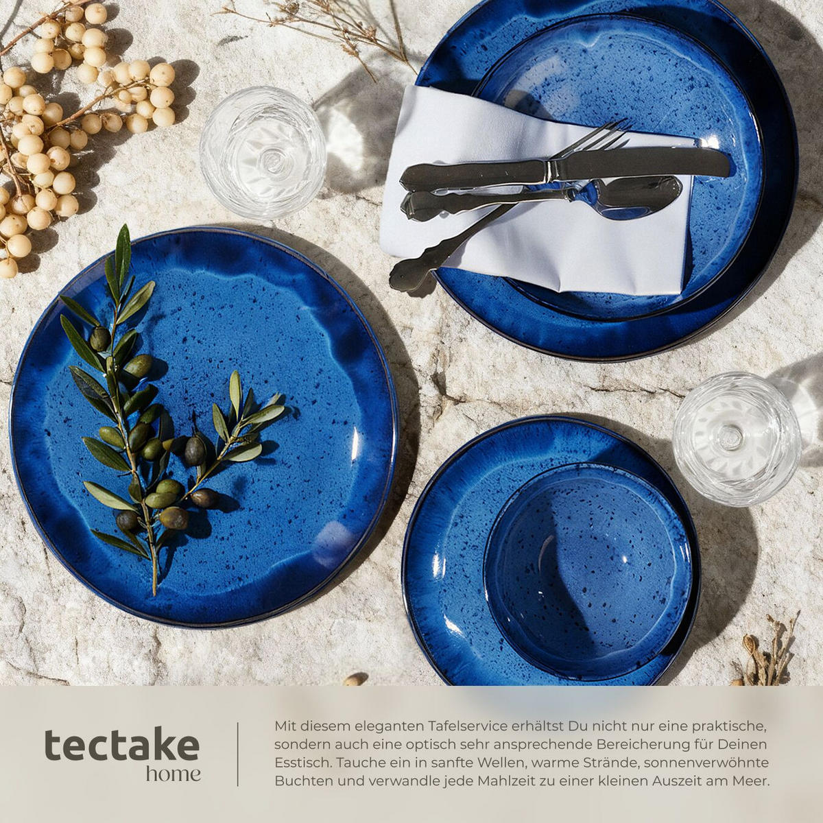 TAFELSERVICE Mare, ineinander stapelbar, blau - Blau, Keramik (26.5/2.5/26.5cm) - tectake