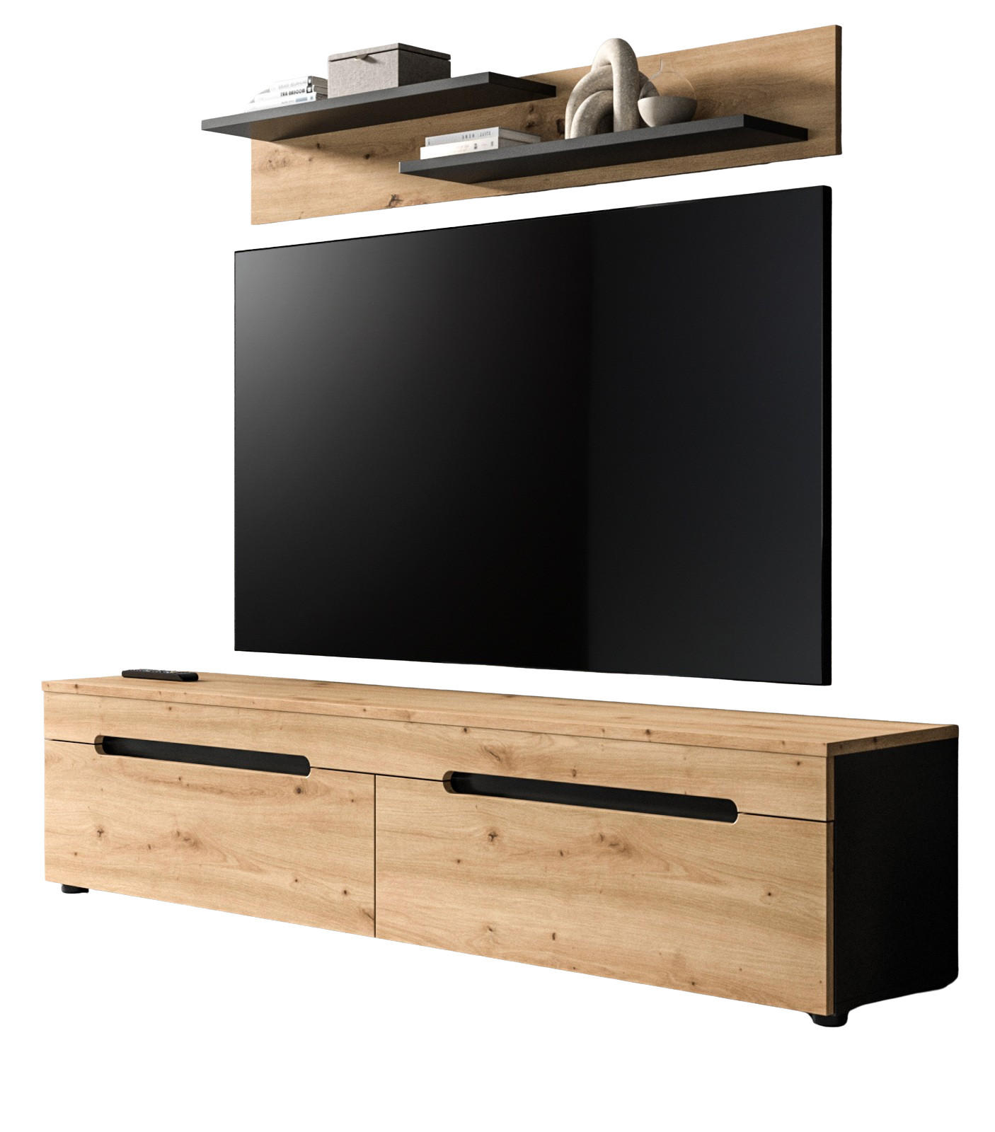 WOHNKOMBINATION Eiche Artisan, grau, 2er Set Lowboard 170 cm und Wandboard, Cooper - Schwarz/Eiche Artisan, Holzwerkstoff/Kunststoff (170/180/33cm) - Inn.Furn