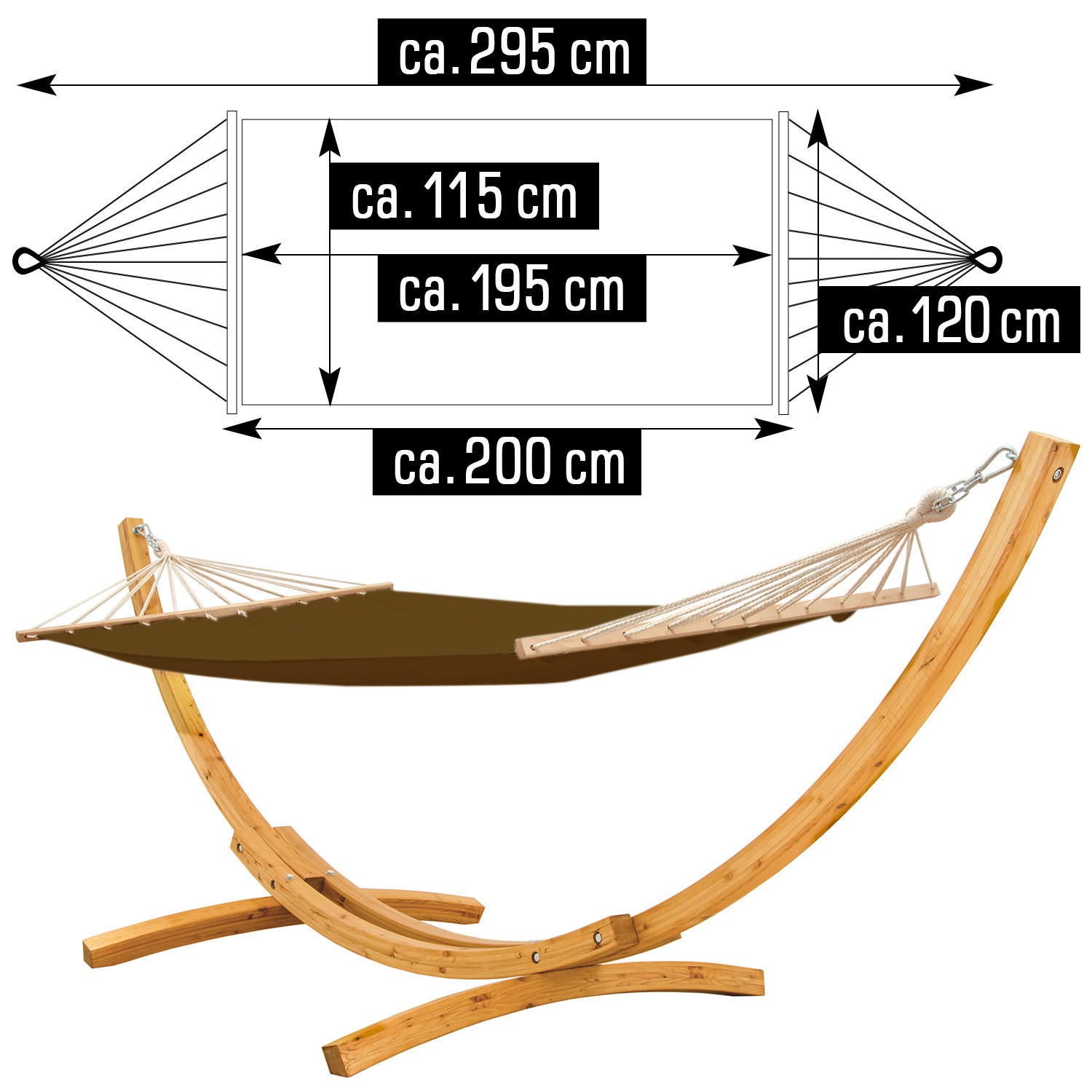 HÄNGEMATTE mit Holzgestell bis 150kg, 310/120cm, Braun - Braun, Holz (120/118/325cm) - Amanka
