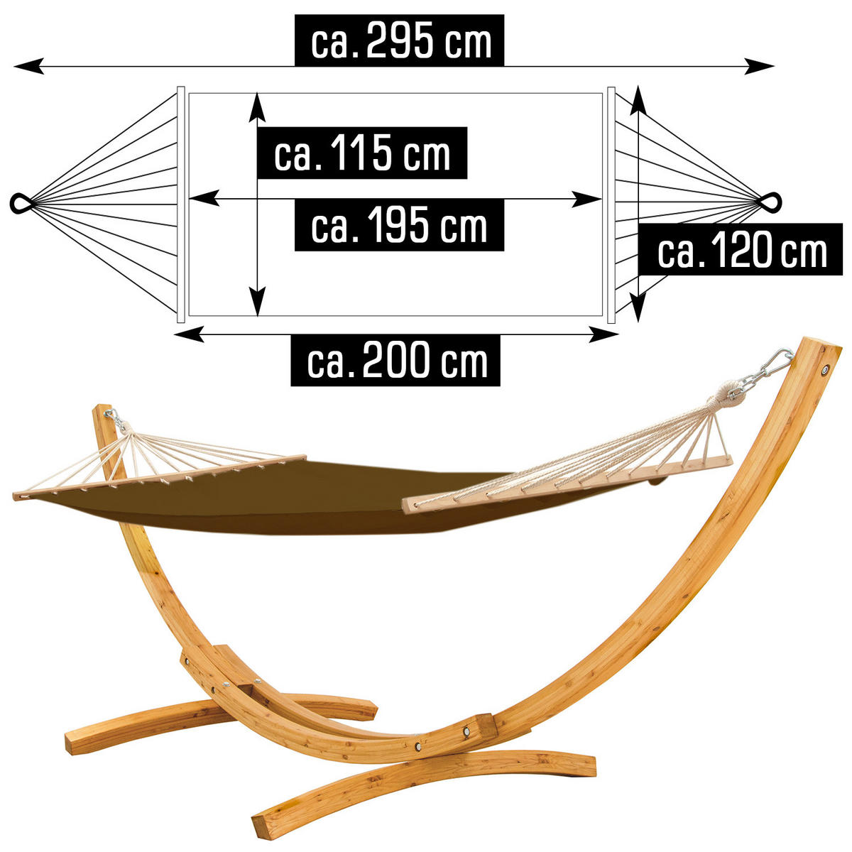 HÄNGEMATTE mit Holzgestell bis 150kg, 310/120cm, Braun - Braun, Holz (120/118/325cm) - Amanka