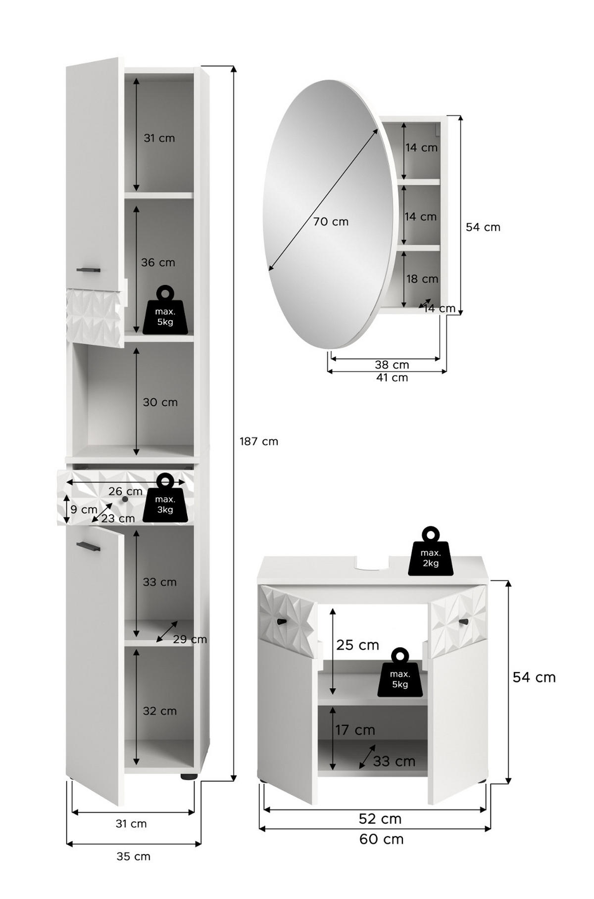 BADMÖBEL-SET weiß Hochglanz 3-teilig 120 cm, Komplettset mit 3D-Struktur - Weiß Hochglanz, Glas/Holzwerkstoff (195/187/37cm) - Inn.Furn