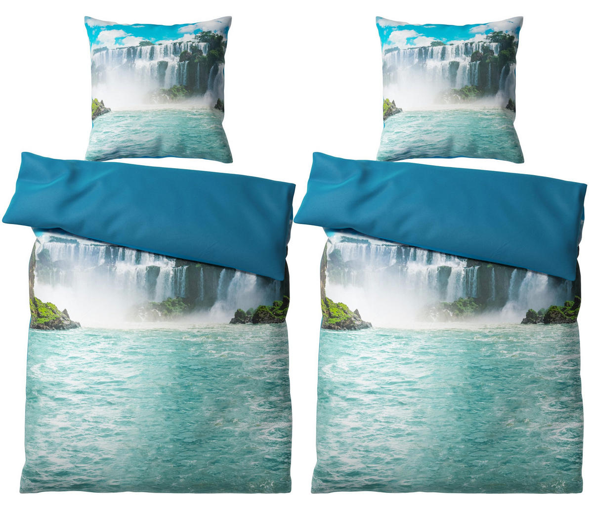 BETTWÄSCHE 4-teilig Wasserfall - Blau, Naturmaterialien (135/200cm) - Sanilo