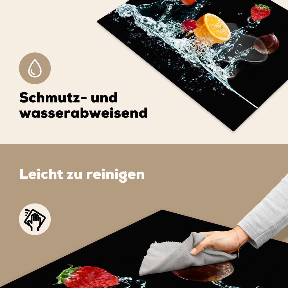 HERDABDECKPLATTE Wasser - Obst - Orange - Erdbeere - Kirsche - Schwarz 70x52 cm - Orange, Kunststoff (70/52/0.2cm) - MuchoWow