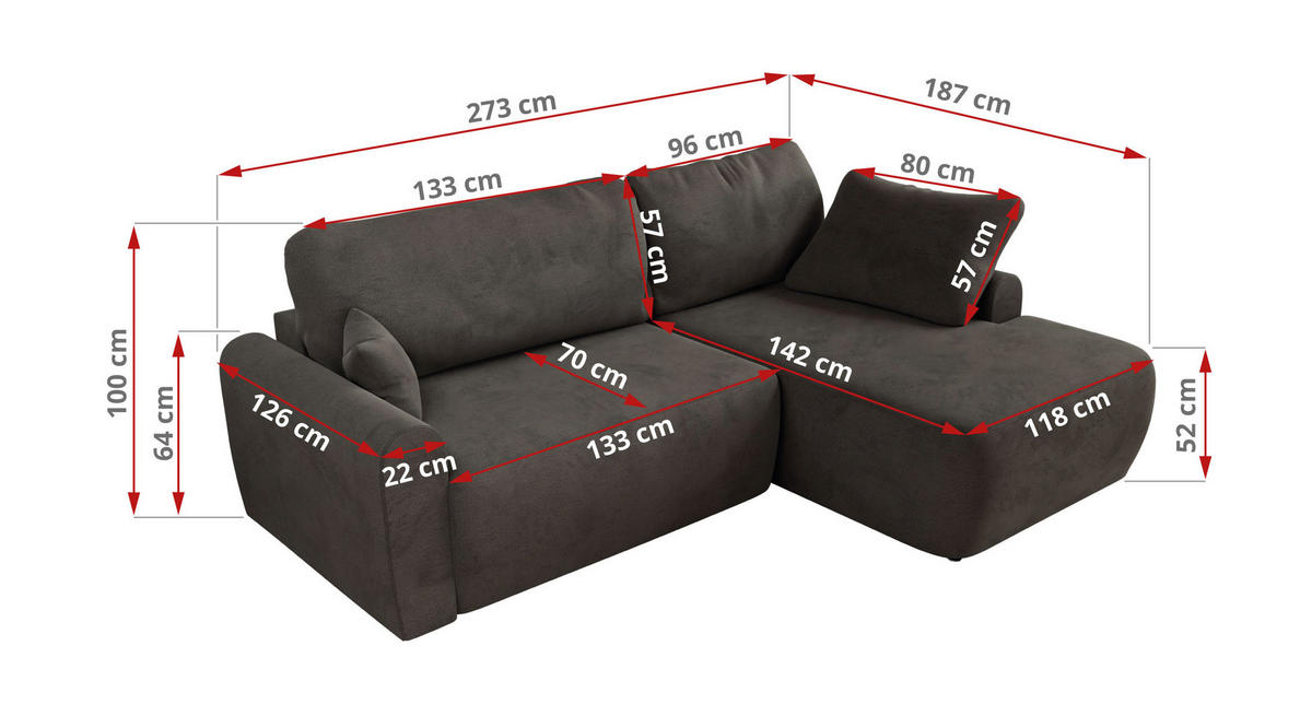 ECKSCHLAFSOFA CUBO L Dunkelgrau Velvet - rechts - Dunkelgrau/Schwarz, Kunststoff/Textil (187/273cm) - MKS