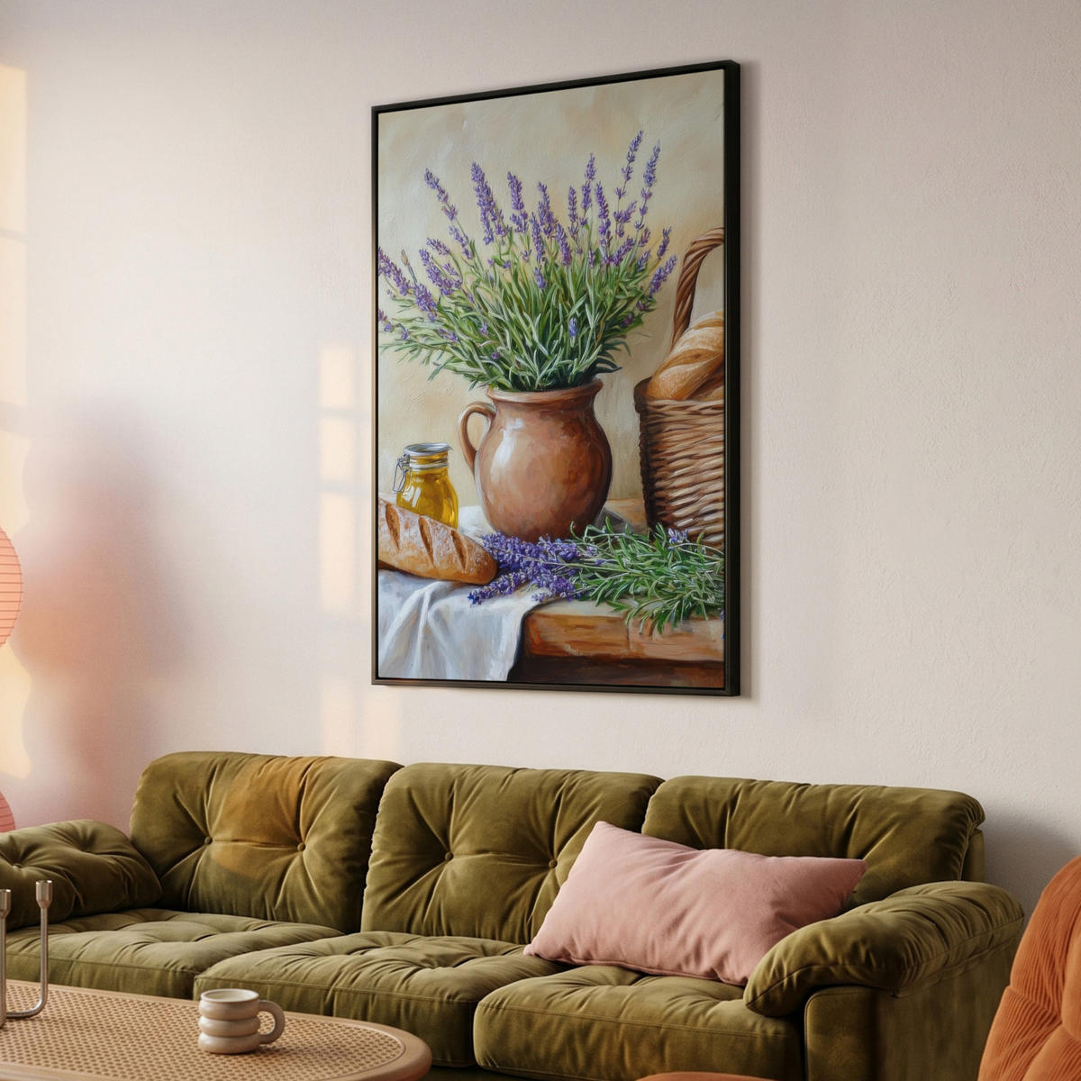 LEINWAND Bilder mit Rahmen - Lavendel - Brot - Stilleben - 100x150 - Flieder, Textil (100/150cm) - MuchoWow