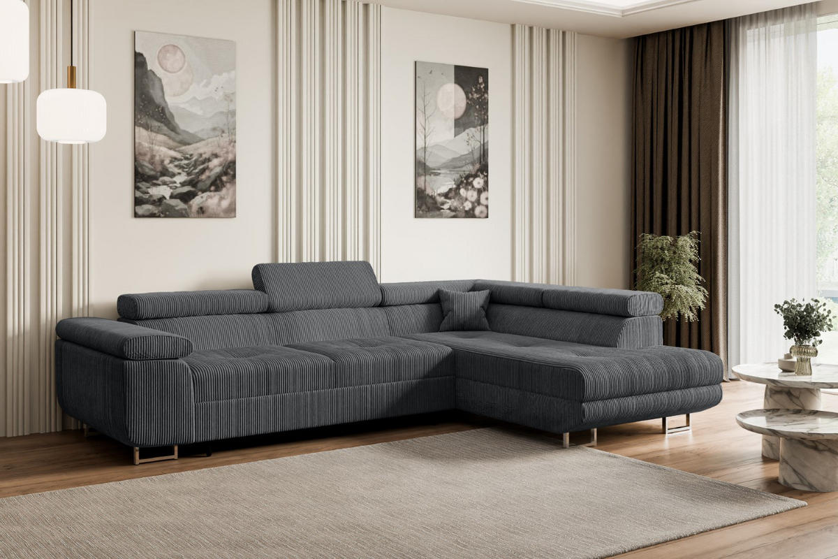 ECKSOFA mit Schlaffunktion und Bettkasten GUSA-L 272x202x107 cm Grau Cord - Dunkelgrau/Silberfarben, Holzwerkstoff/Textil (272/202cm) - ALTDECOR