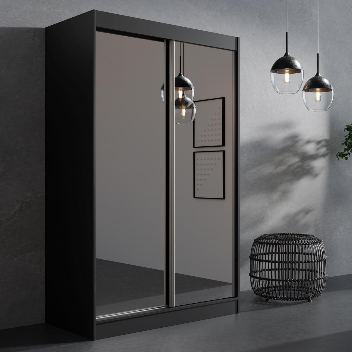 SCHIEBETÜRENSCHRANK mit Spiegel Como 2D2L 120 Schwarz - Silberfarben/Schwarz, Holzwerkstoff/Metall (120/201/65cm) - mzm24