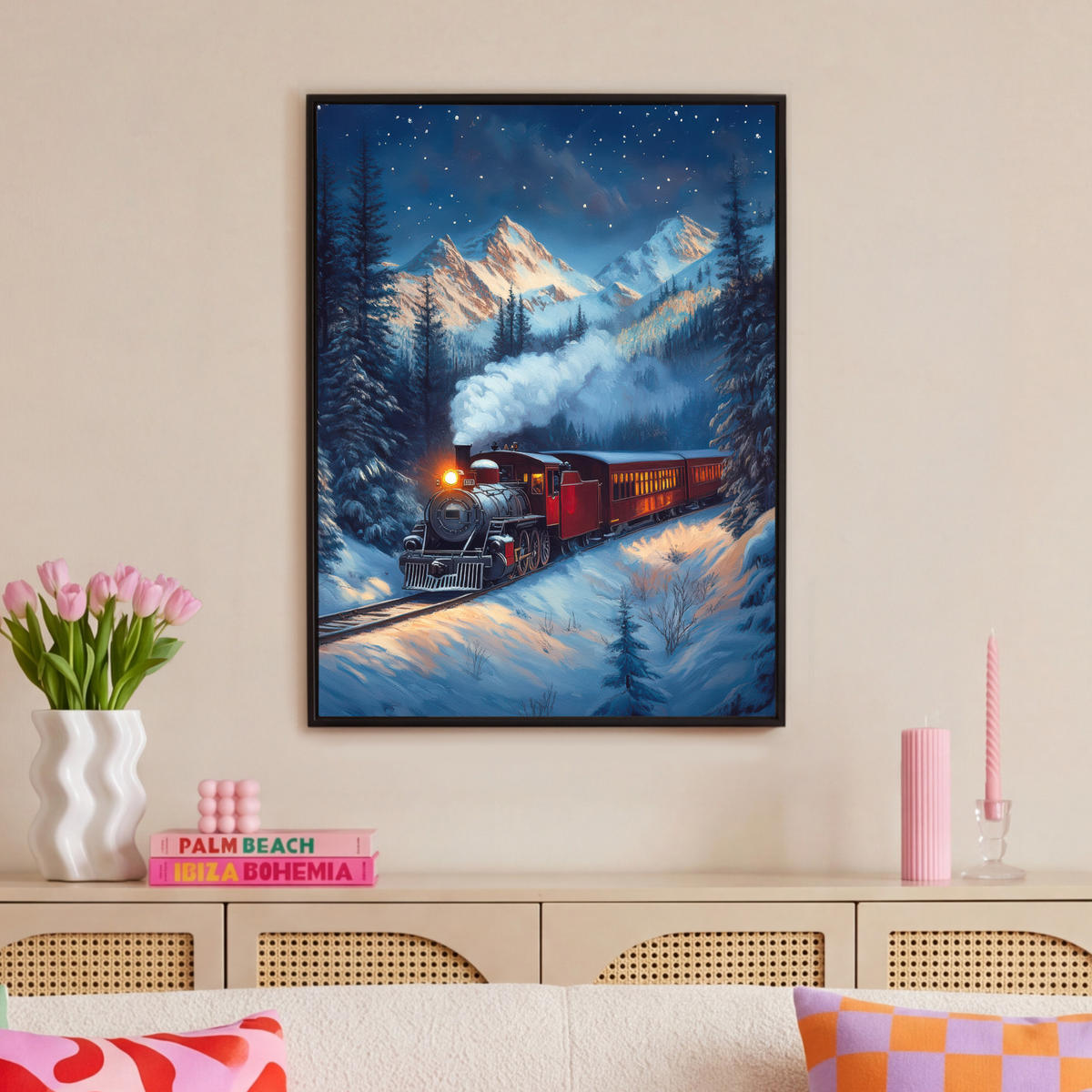 LEINWAND Bilder mit Rahmen - Zug - Weihnachten - Schnee - Weihnachtszug - 70x100 - Anthrazit, Textil (70/100cm) - MuchoWow