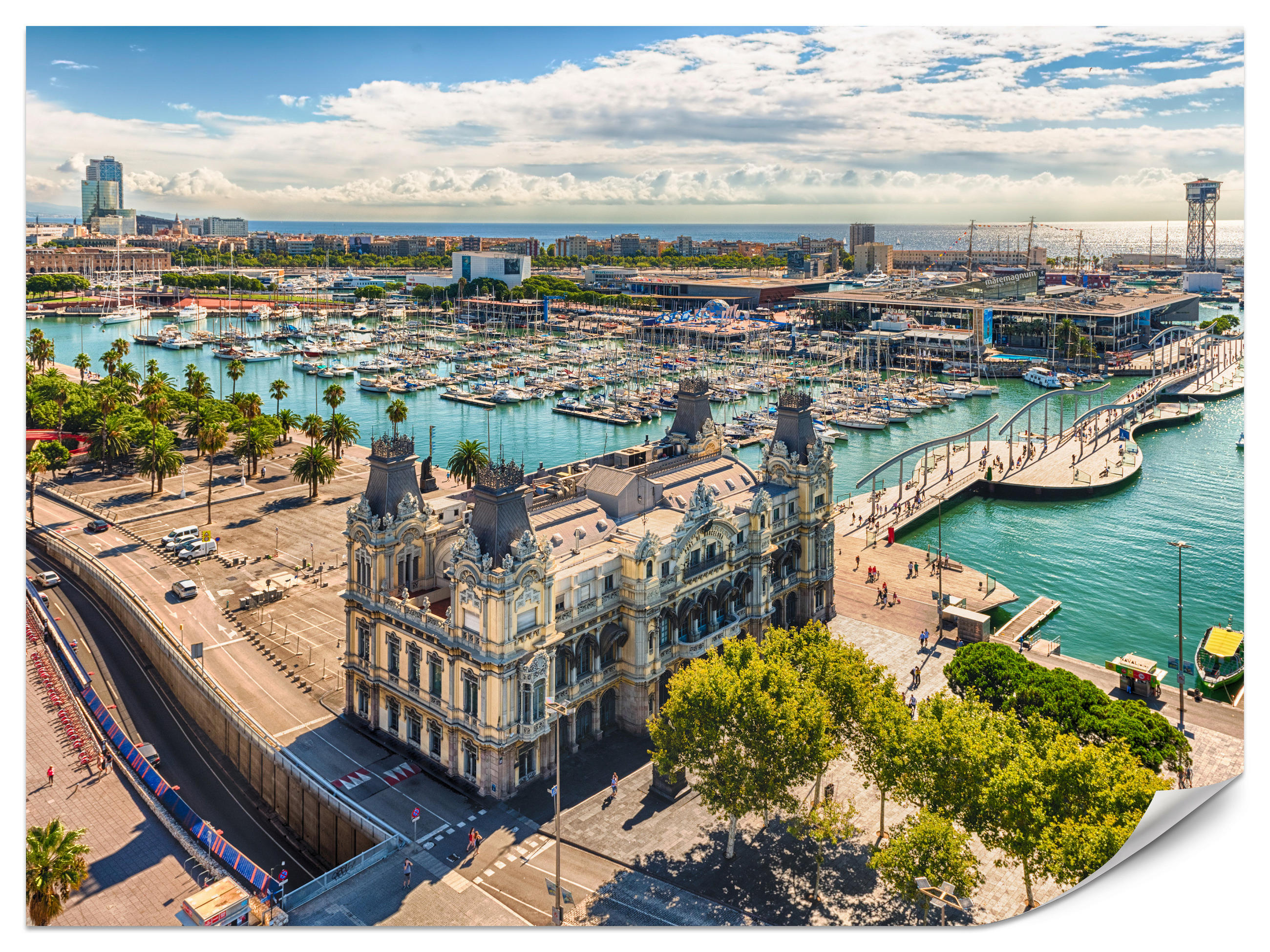 FOTOTAPETE für Wohnzimmer Barcelona Hafen Boote Denkmäler 350x256 - Türkis/Beige, Papier (350/256cm) - Muralo