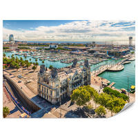 FOTOTAPETE für Wohnzimmer Barcelona Hafen Boote Denkmäler 350x256 - Türkis/Beige, Papier (350/256cm) - Muralo