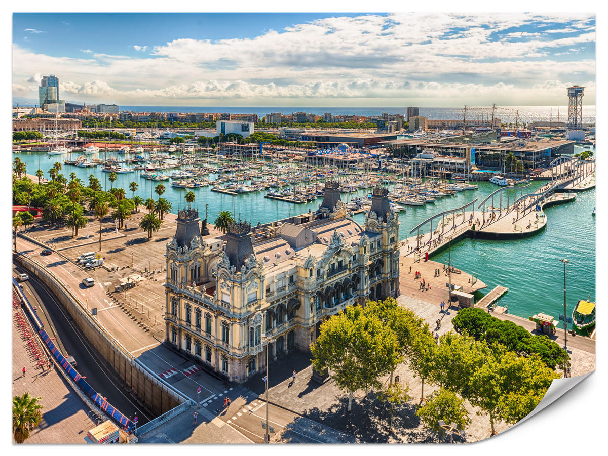 FOTOTAPETE für Wohnzimmer Barcelona Hafen Boote Denkmäler 350x256 - Türkis/Beige, Papier (350/256cm) - Muralo