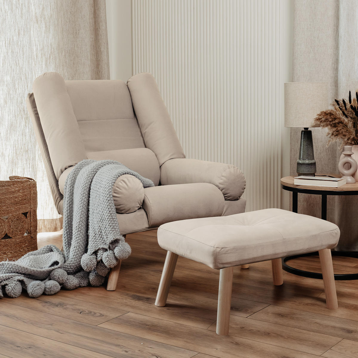 RELAXSESSEL LILA mit hocker, 75/75/100 cm, Beige - Beige, Holz/Textil (75/100/75cm) - Idohome