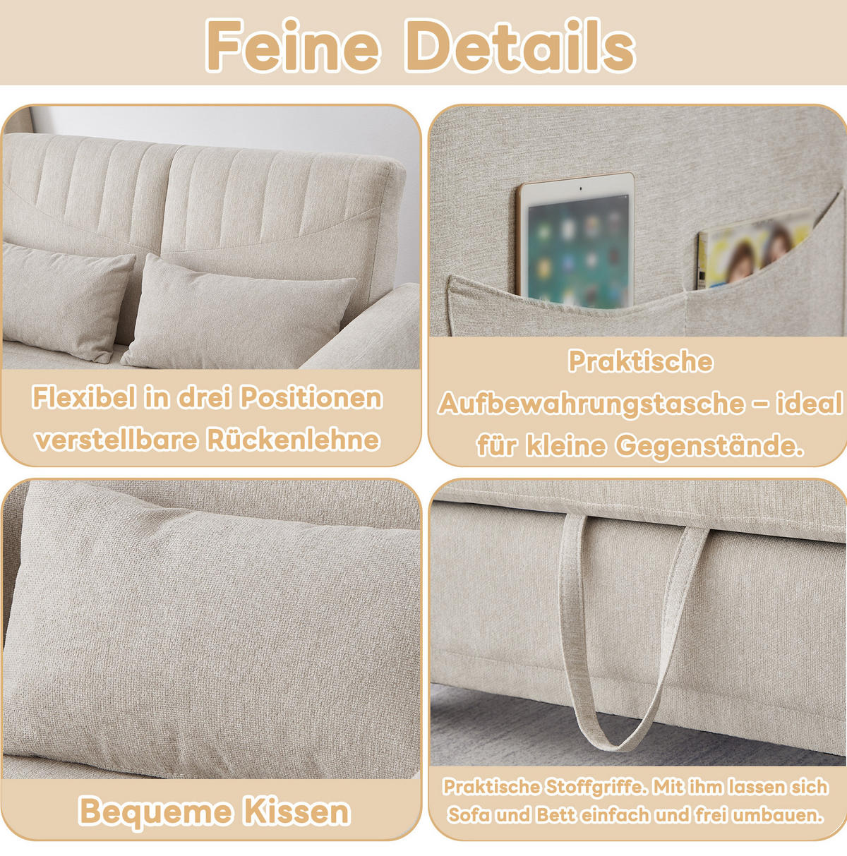SOFABETT Baumwoll-Leinen mit Ausziehfunktion und verstellbarer Rückenlehne Beige 114/77/82,5 cm - Beige, Textil (77/82.5/114cm) - Redom