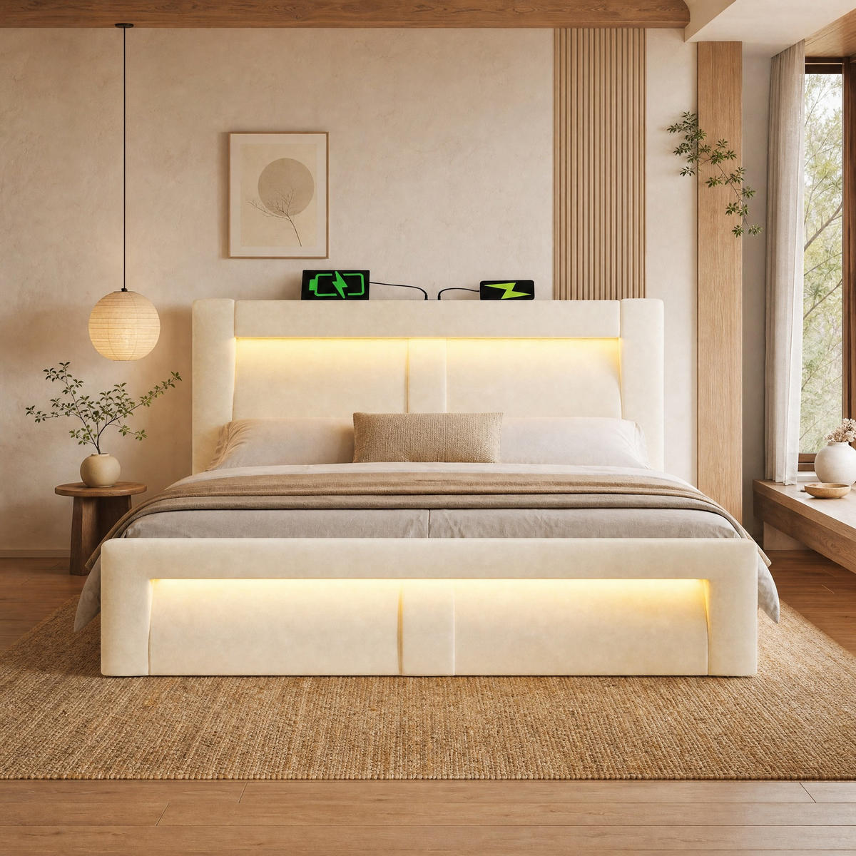 POLSTERBETT 140/200 mit Bettkasten, LED und USB in Beige - Beige, Holzwerkstoff/Textil (140/200cm) - EVRYAE