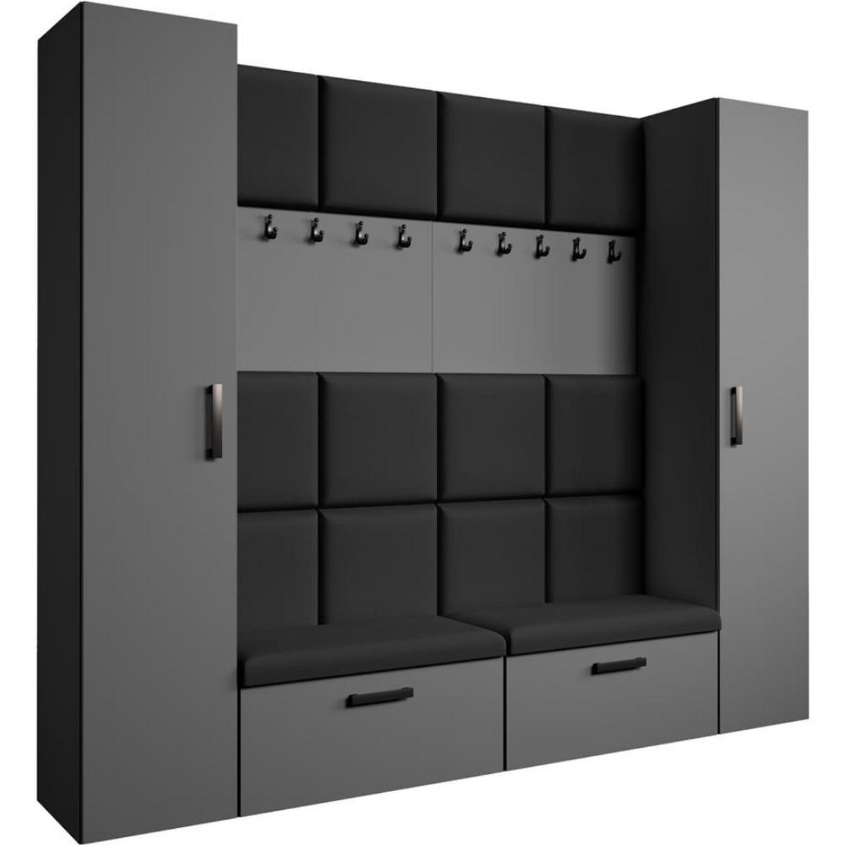 GARDEROBE Margaret XL 242/203/43 mit gepolsterten Paneelen und Schuhschrank - Schwarz/Graphitfarben, Holzwerkstoff/Kunststoff (242/203/43cm) - Beautysofa
