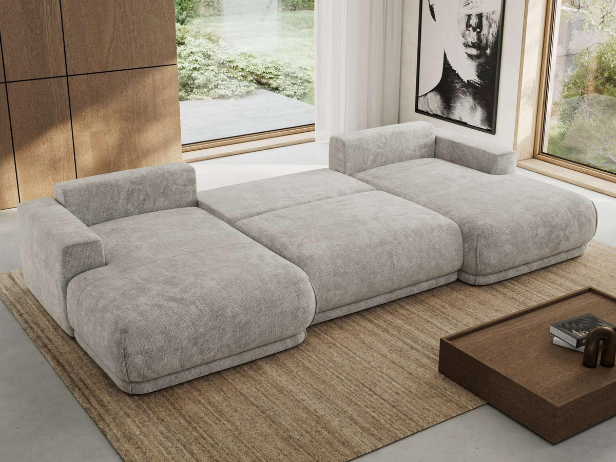 SEDACIA SÚPRAVA RINA U Svetlosivá Hrubo tkaná ženilka - čierna/svetlosivá, textil/plast (360/85/170cm) - MKS