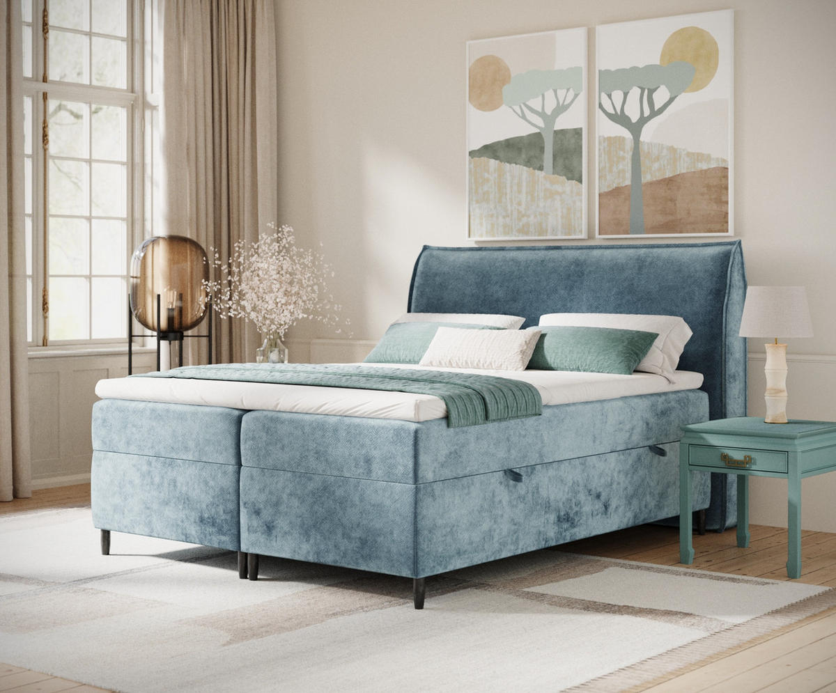 BOXBETT 180/200 cm Corvus, in Blau, Matratze, Topper, Bettkasten, H4 = sehr fest - Blau/Schwarz, Holz/Holzwerkstoff (180/200cm) - Maison de Reve