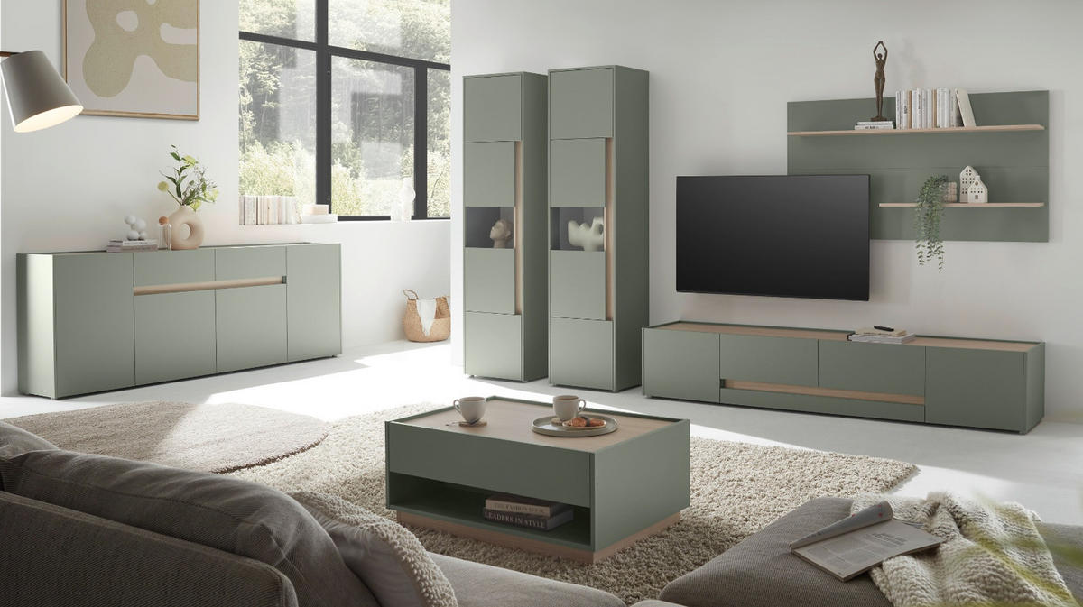 WOHNWAND Salbei grün, Eiche Barista Set 4-teilig, Wohnkombination mit XL-TV-Schrank 400 cm - Salbeigrün/Eichefarben, Glas/Holzwerkstoff (400/197/45cm) - Furn.Design