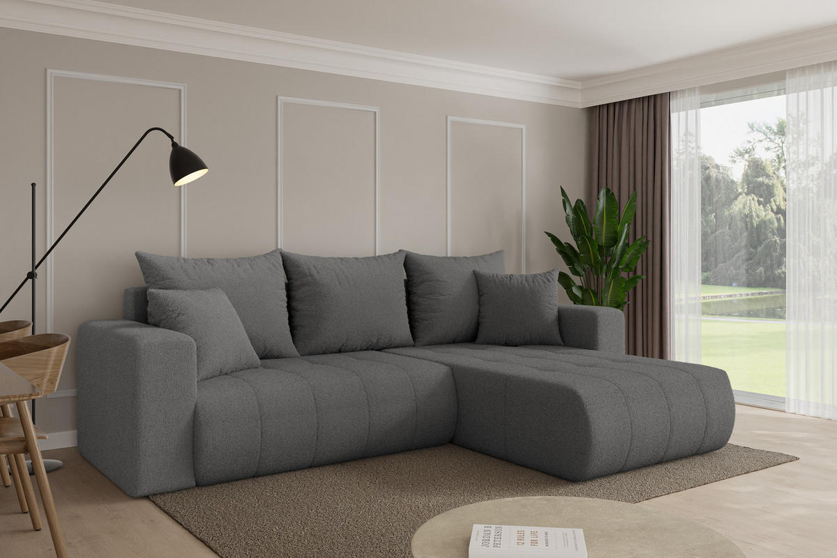 ROHOVÁ SEDAČKA s funkcí spaní, otoman vpravo MILA-L 277x194x86 šedá bouclé - šedá/černá, kompozitní dřevo/textil (277/194cm) - ALTDECOR