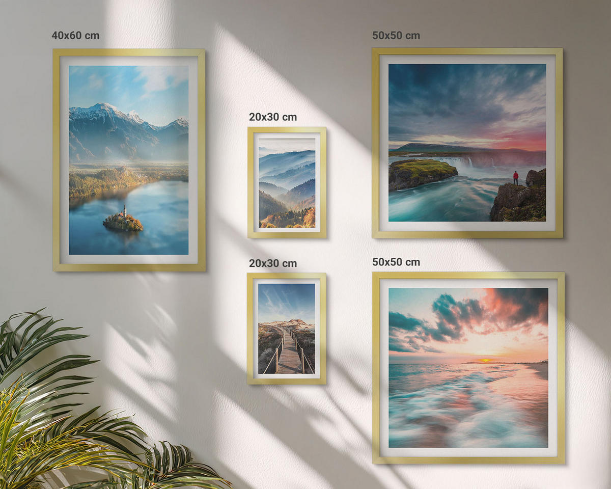 BILDER SET 5er Set - 50x50 cm & 20x30 cm & 40x60 cm Goldrahmen - Berglandschaften, Wasserfälle - Goldfarben, Kunststoff (40/60cm) - TULUP