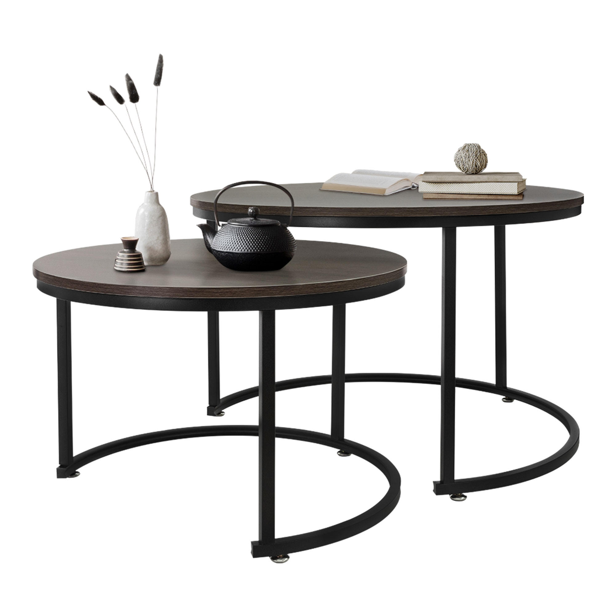 COUCHTISCH rund Eiche-dunkel-Schwarz 74/74/48-59/59/40 cm 2er Set - Dunkelbraun, Metall (74/48/74cm) - ML-DESIGN