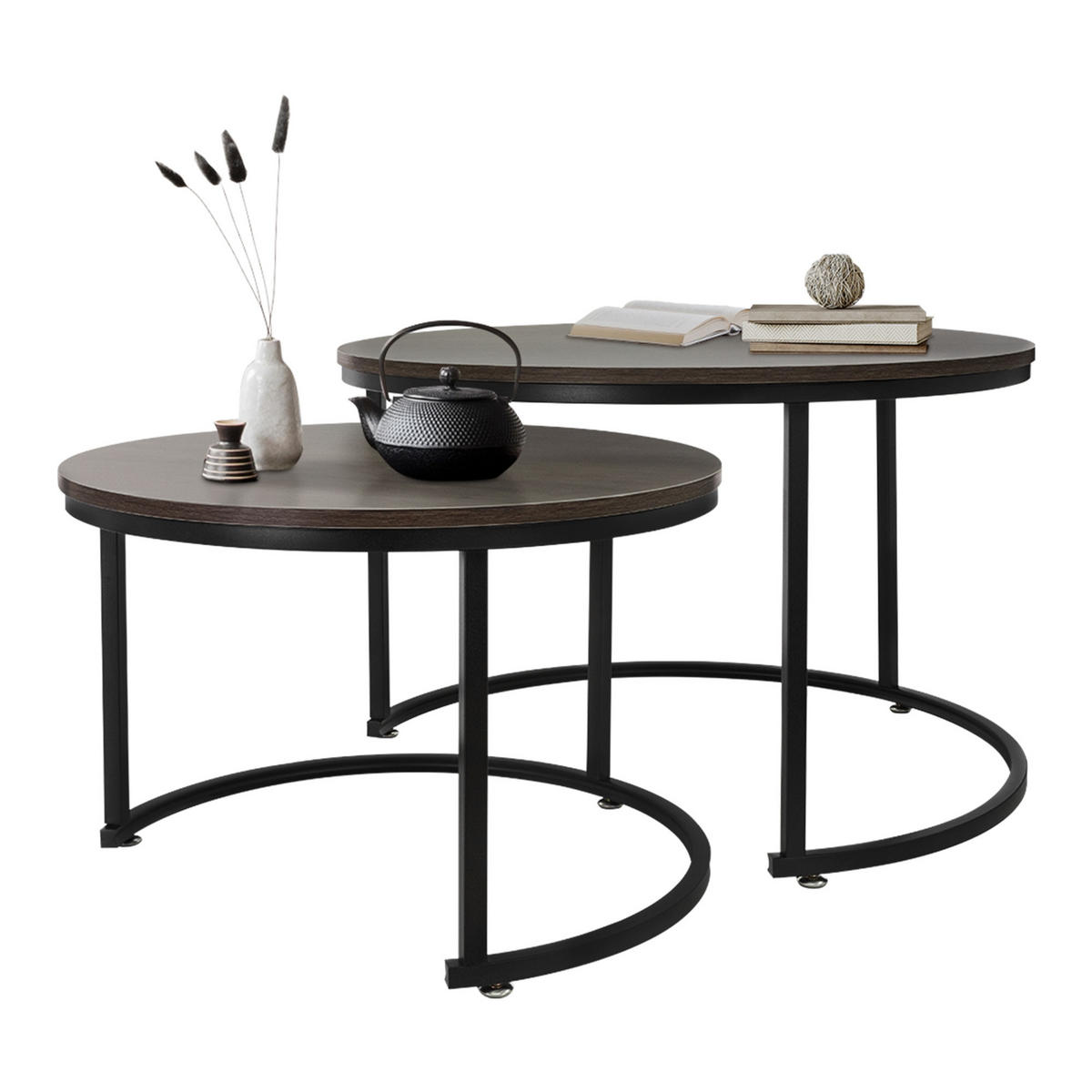 COUCHTISCH rund Eiche-dunkel-Schwarz 74/74/48-59/59/40 cm 2er Set - Dunkelbraun, Metall (74/48/74cm) - ML-DESIGN