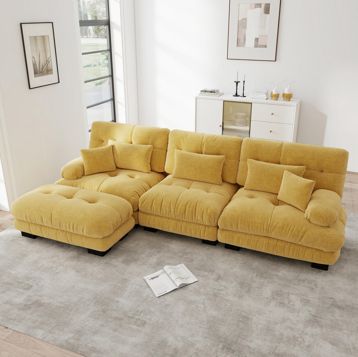 MODULARES Ecksofa aus Chenille 313x145x81 cm in Gelb mit Ottomane - Gelb, Textil (145/81/313cm) - Modfu