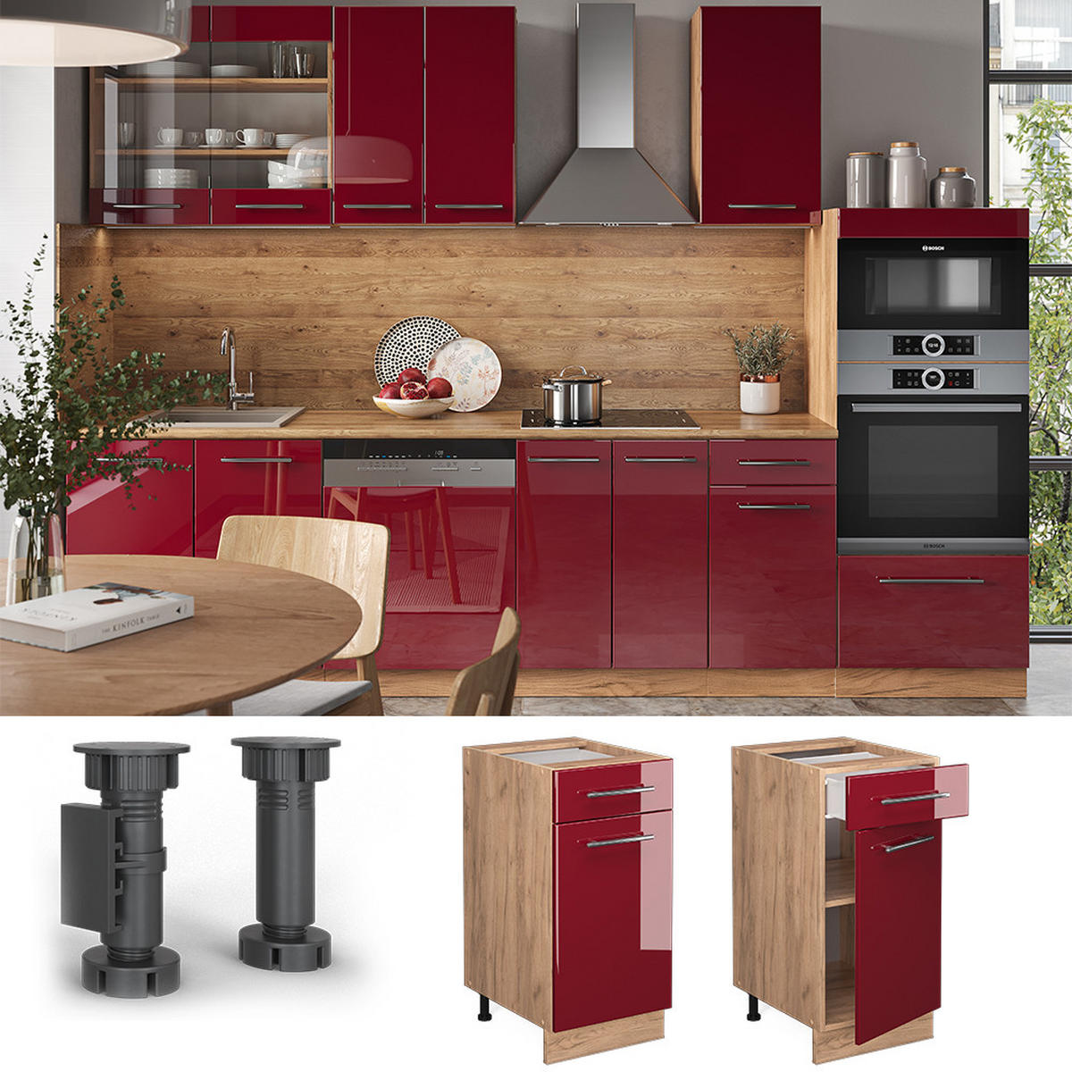 KÜCHENUNTERSCHRANK Fame-Line Bordeaux Hochglanz 40 cm, AP Anthrazit - Bordeaux/Eiche Wotan, Holzwerkstoff (40/82/60cm) - Vicco