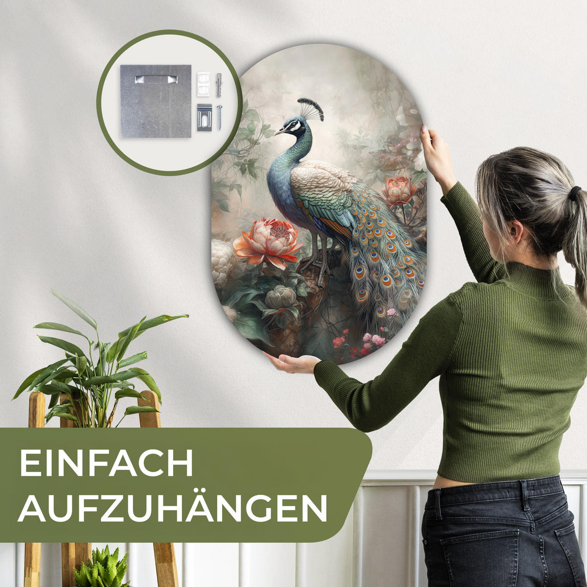 WANDBILD Pfau - Pfauenfedern - Vogel - Dschungel - Blumen 60x90 cm - Smaragdgrün, Kunststoff (60/90cm) - MuchoWow