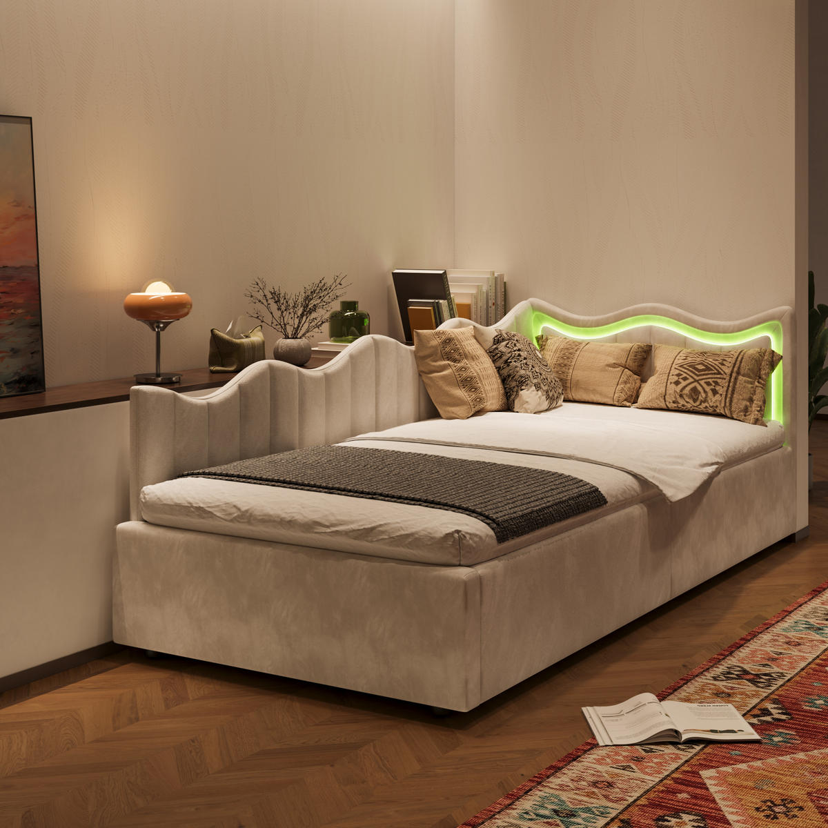 POLSTERBETT 90x200 cm LED Stauraum Kopfteil Samt beige - Beige, Holz (90/200cm) - LEBENLANG