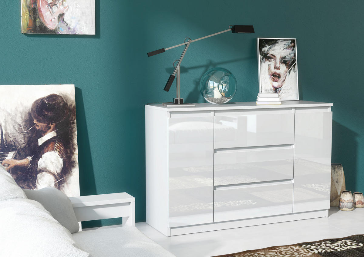 KOMMODE NUDO 120/78,5/39cm mit 3 Schubladen 2 Türen Weiß - Weiß Hochglanz/Weiß, Holzwerkstoff (120/78.5/39cm) - MASSENO