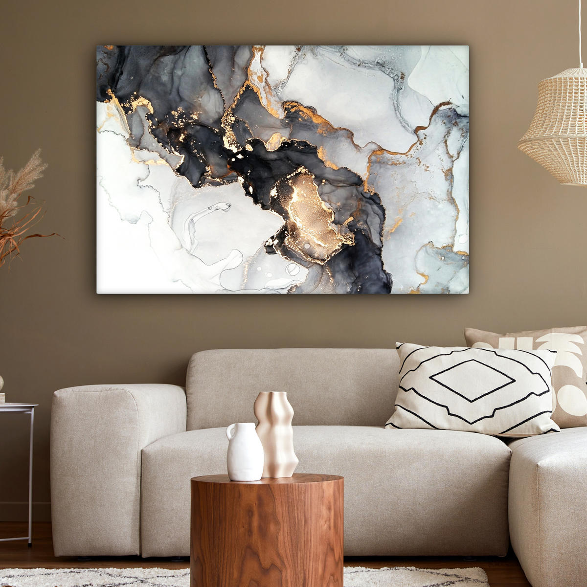 LEINWANDBILD Marmor - Schwarz - Weiß - Gold - Luxus - Abstrakt XXL 150x100 cm - Goldfarben, Textil (150/100cm) - MuchoWow