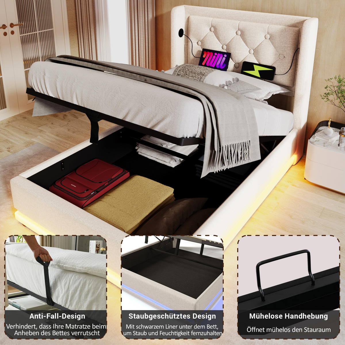 POLSTERBETT 90/200 cm in Beige mit Bettkasten, LED und USB Stoff - Beige, Holzwerkstoff/Textil (90/200cm) - STILVORA