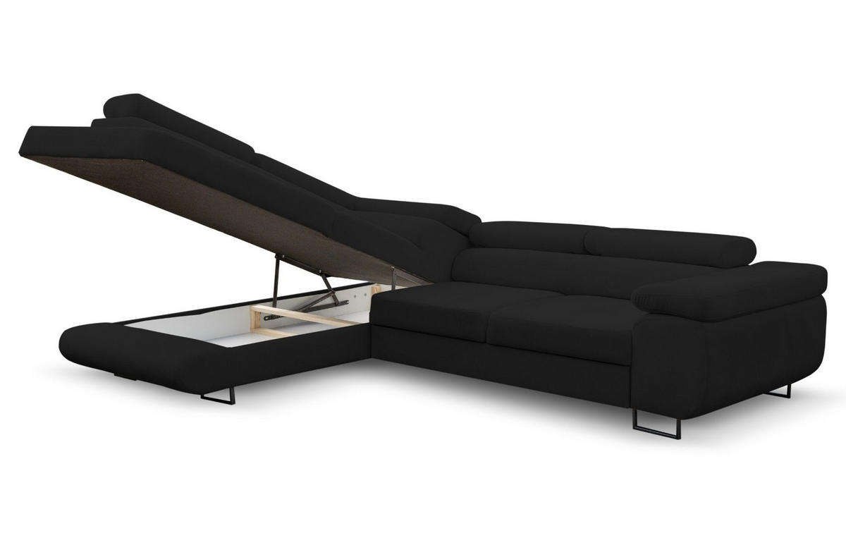 ECKSOFA Jerry in L-Form mit Schlaffunktion und Bettkasten, Farbe: Schwarz, Veloursstoff, Ottomane Links - Schwarz, Textil (202/275cm) - VENASI MÖBEL