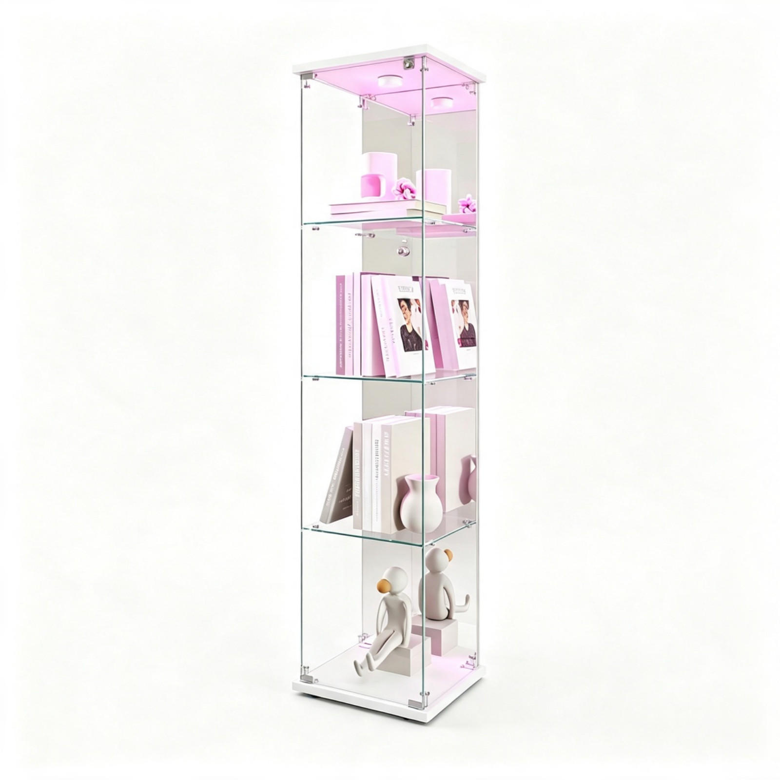 VITRINENSCHRANK Glasvitrine led Weiß mit 1 Tür und 4 Etagen, mit Schloss und Spiegeleffekt,164cm - Weiß, Glas (36.5/164/42.5cm) - BPKADHY