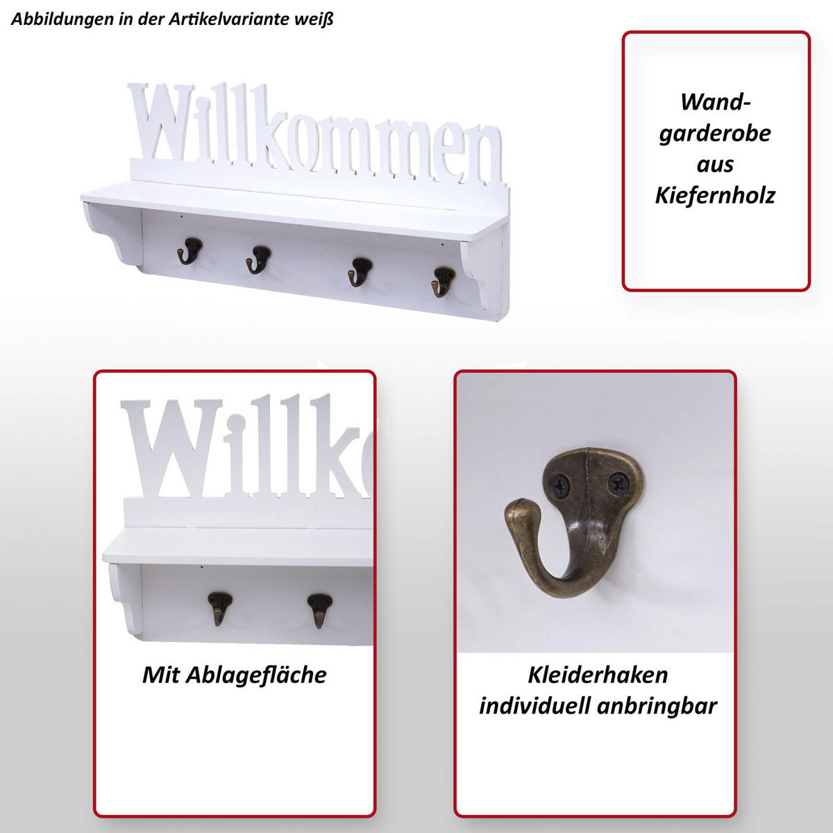 WANDGARDEROBE WILLKOMMEN 4 HAKEN Schwarz, Reinweiß - Schwarz/Weiß, Holz (60/30/13cm) - MCW
