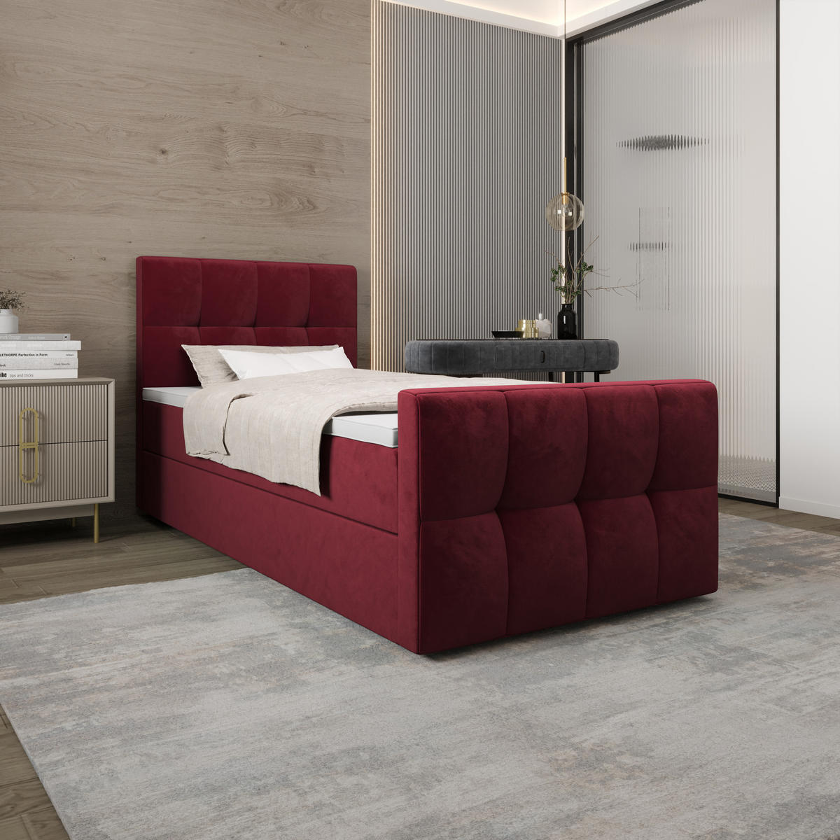 BOXBETT MANHATTAN mit Matratze H3, Bonell und Topper 90x200 Monolith 59 - Rot, Textil (90/200cm) - Bedante