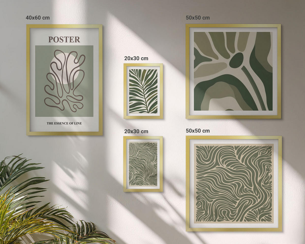 WANDBILDER 5er Set - 50x50 cm & 20x30 cm & 40x60 cm Goldrahmen - Blattmuster und wellenförmige Formen - Goldfarben, Kunststoff (40/60cm) - ArtPrintCave