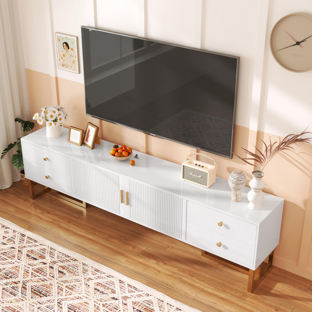 TV-SCHRANK in Weiß mit 4 Schubladen, 2 Türen und goldfarbenen Füßen 175/30/46 cm - Weiß, Holzwerkstoff (175/46/30cm) - Redom